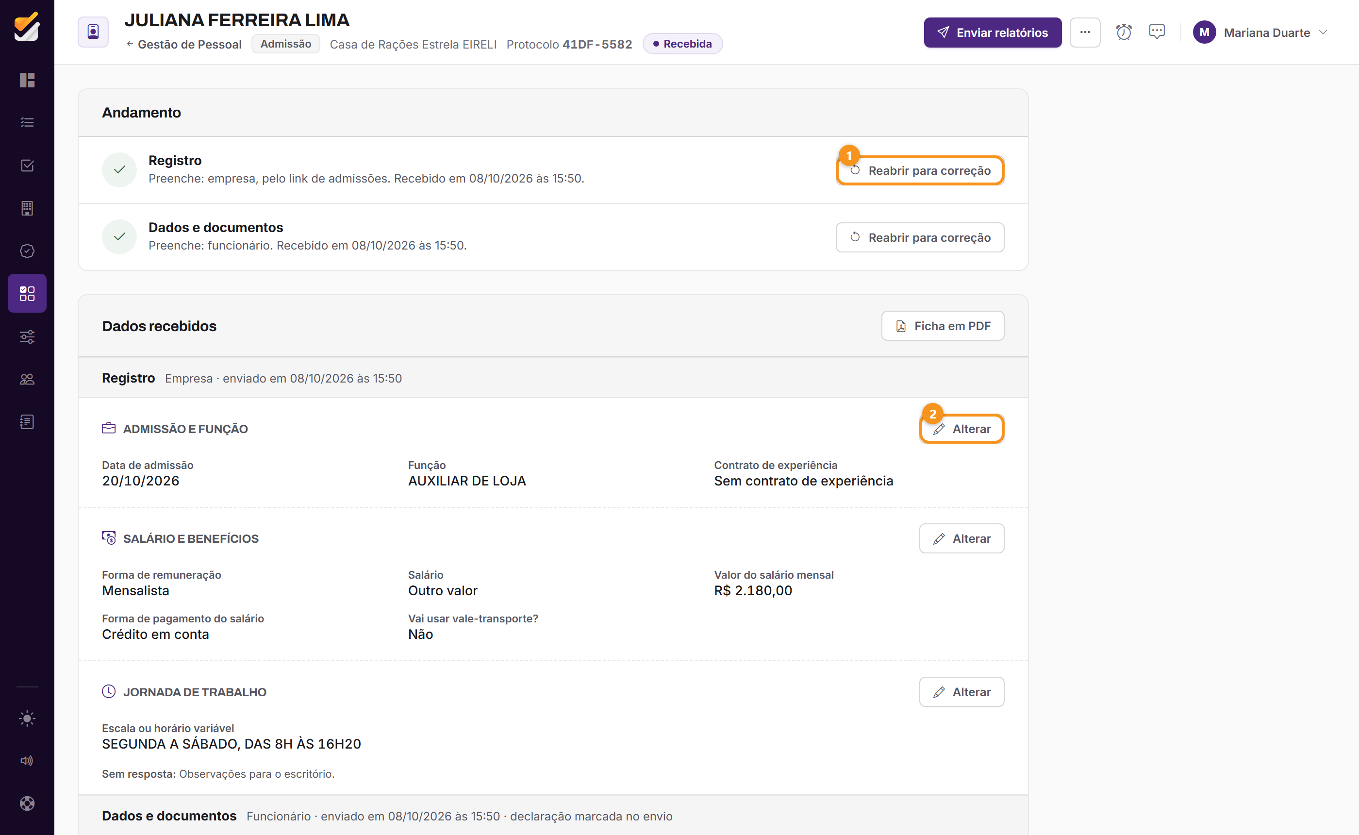 Reabrir para correção, em cada parte, e Alterar, em cada etapa.