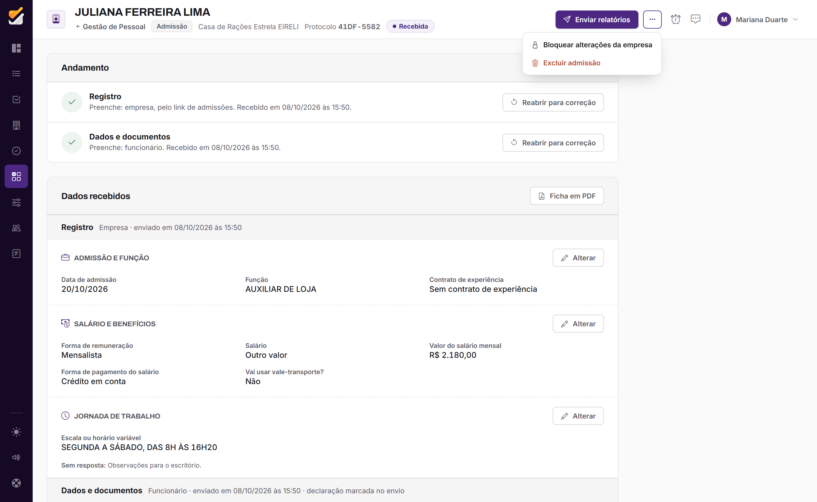 O menu da ficha, com Bloquear alterações.