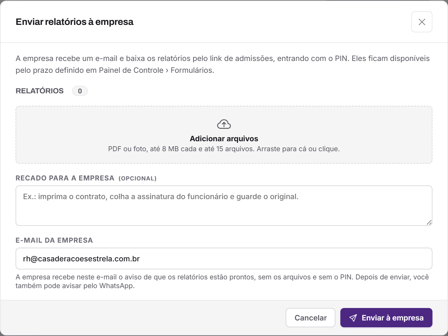 A janela Enviar relatórios à empresa.