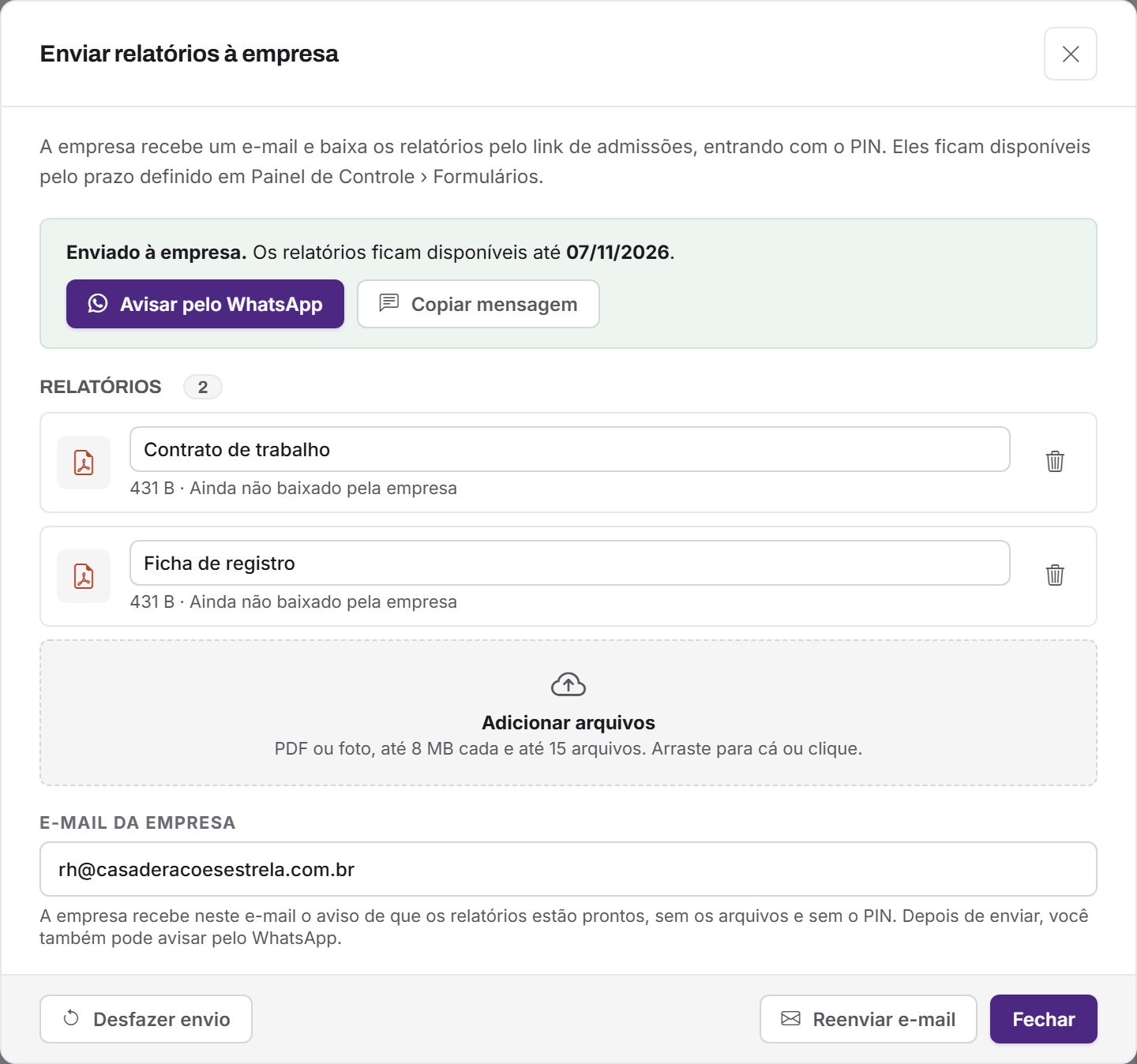 Relatórios enviados: o prazo, o WhatsApp e o Desfazer envio.