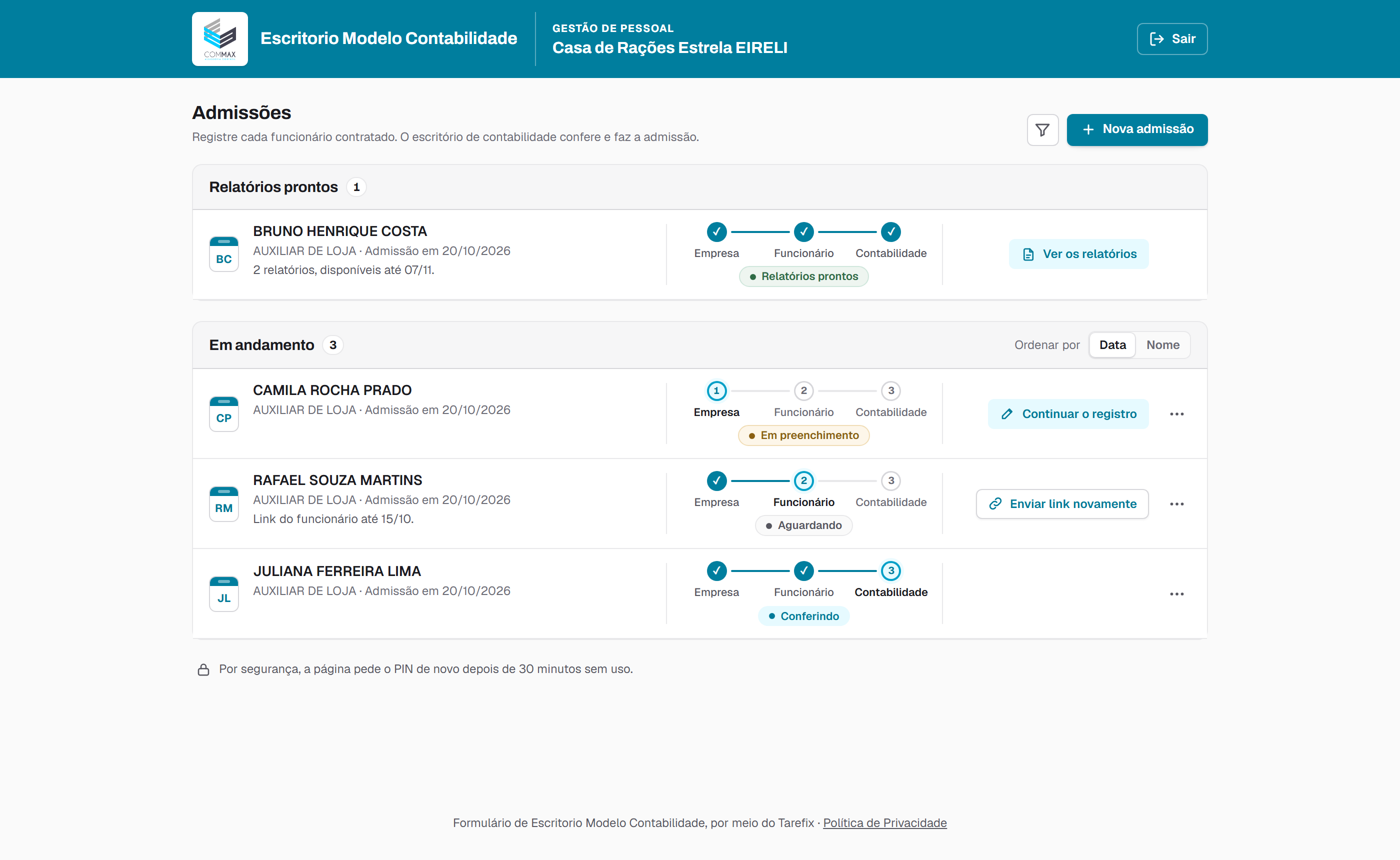 Na página da empresa, a seção Relatórios prontos.