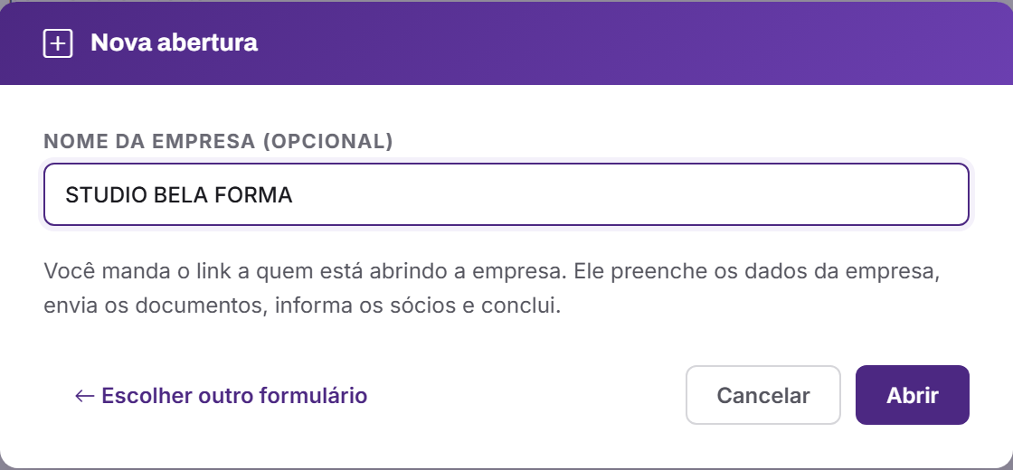 Nova abertura, com o nome provisório da empresa.