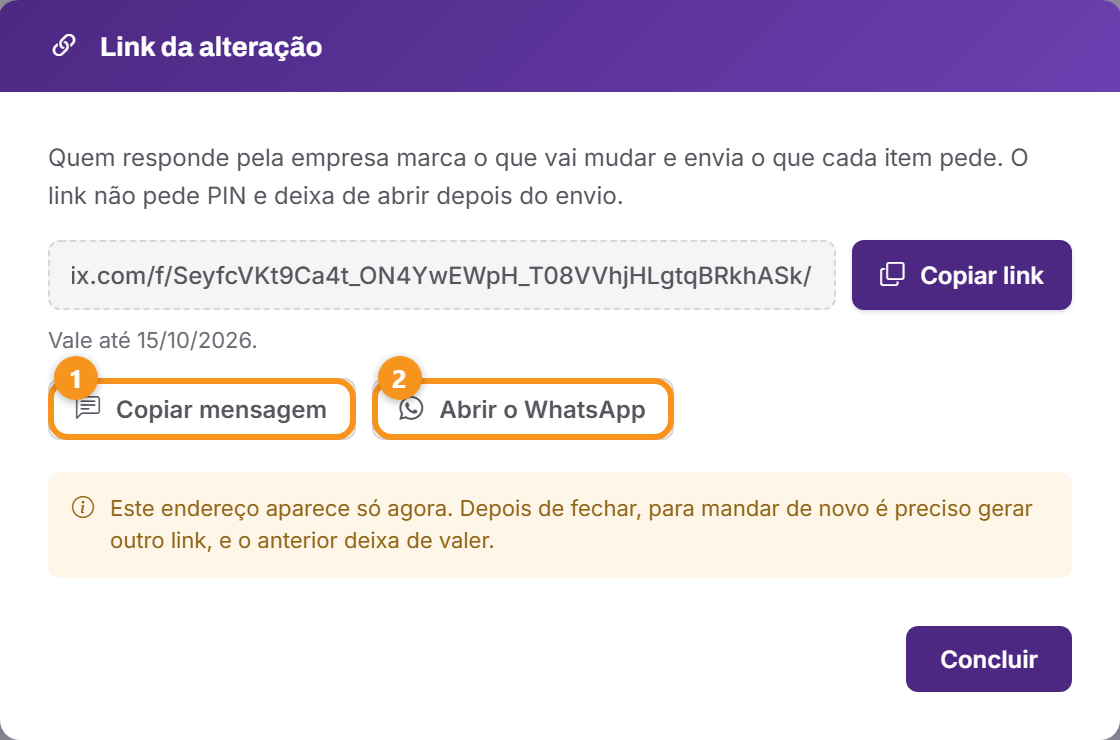 O link gerado, com a mensagem pronta para enviar.