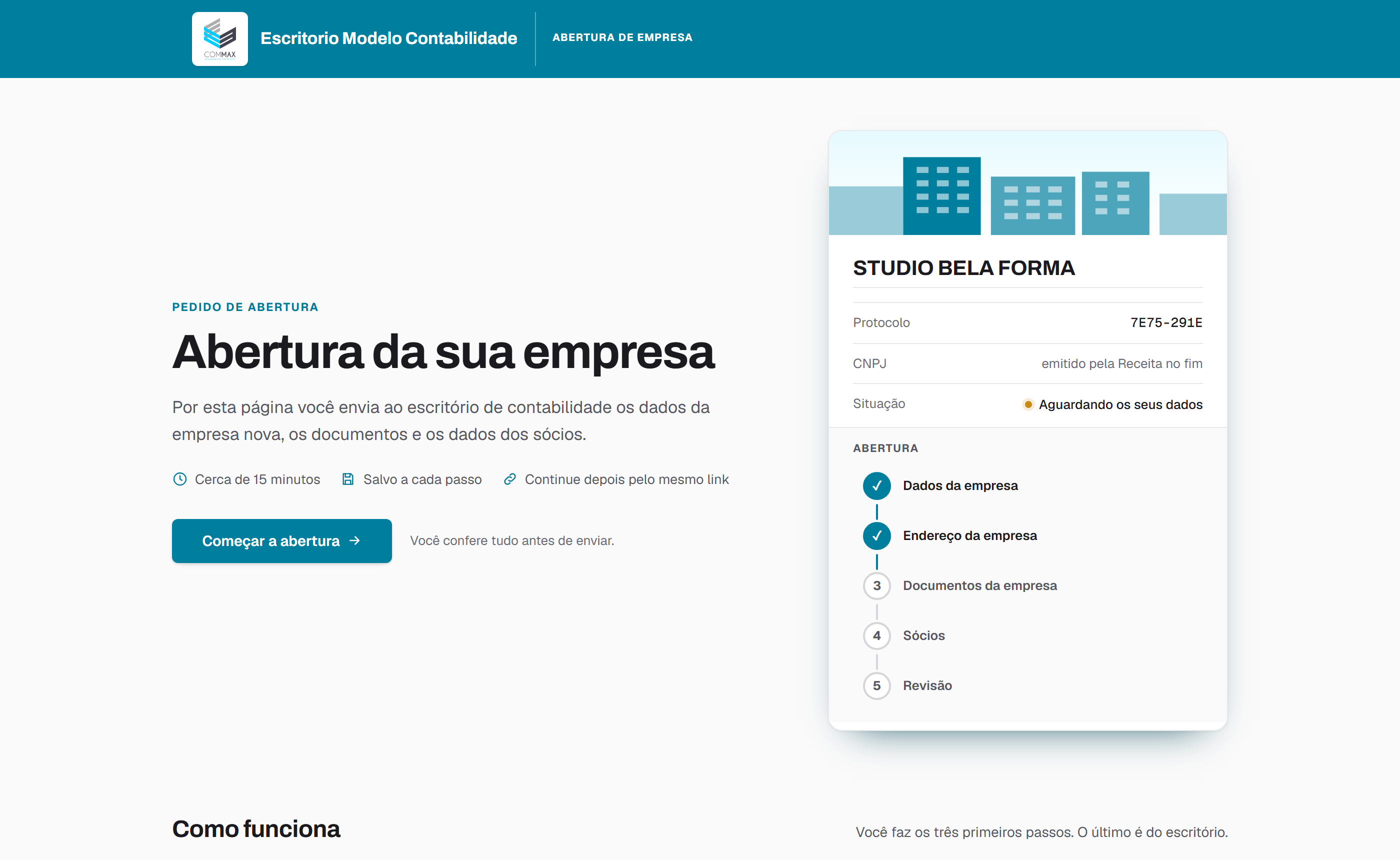 A página de abertura que o cliente recebe, no computador.