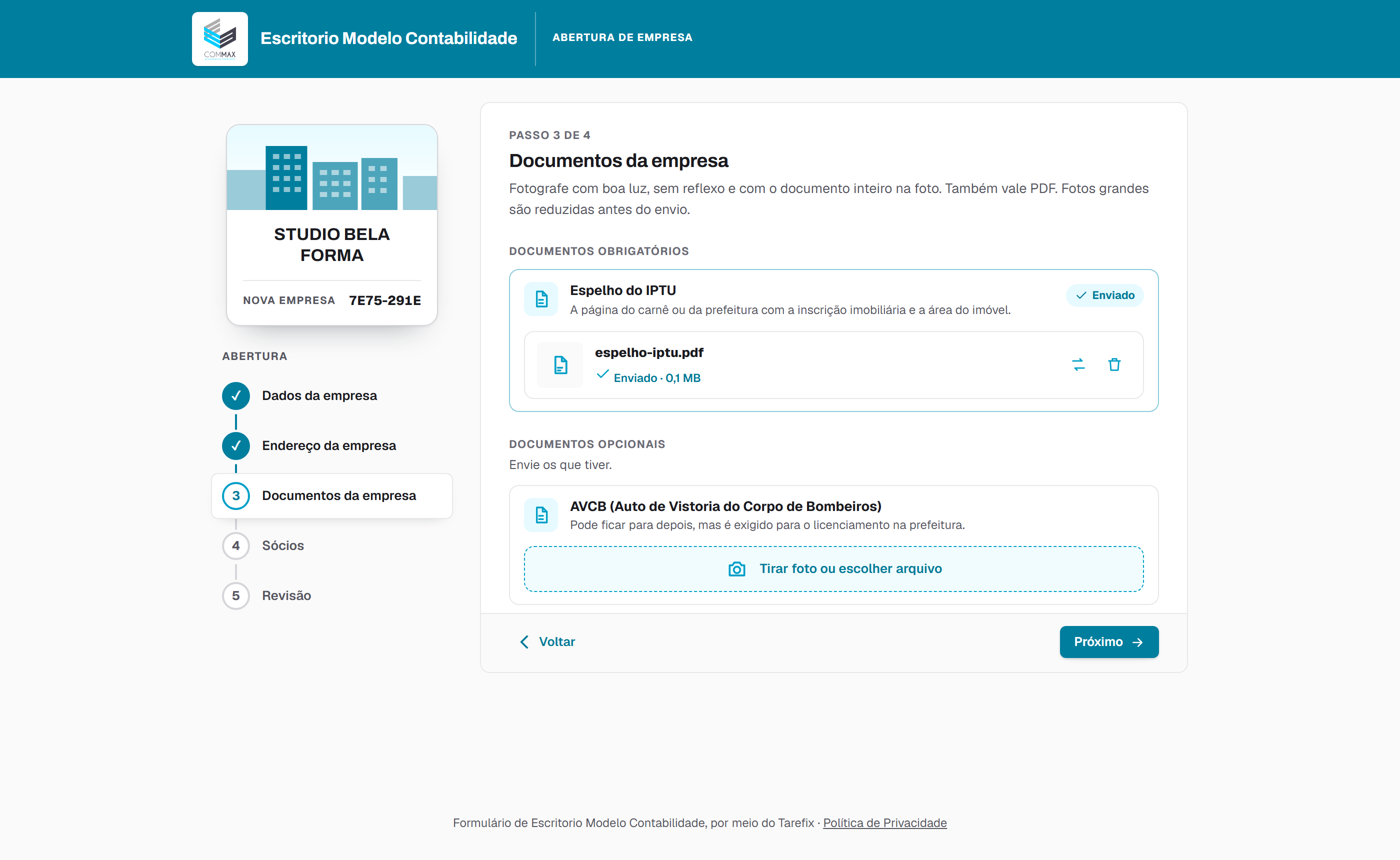 O passo Documentos da empresa.
