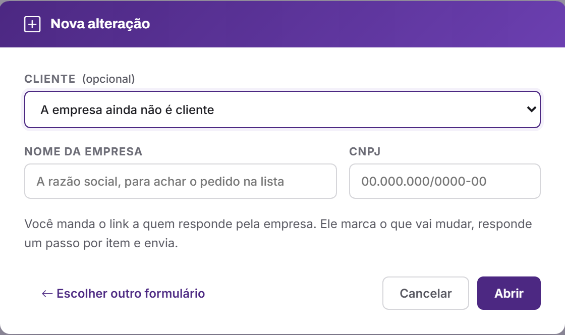 Nova alteração, para um cliente cadastrado ou não.