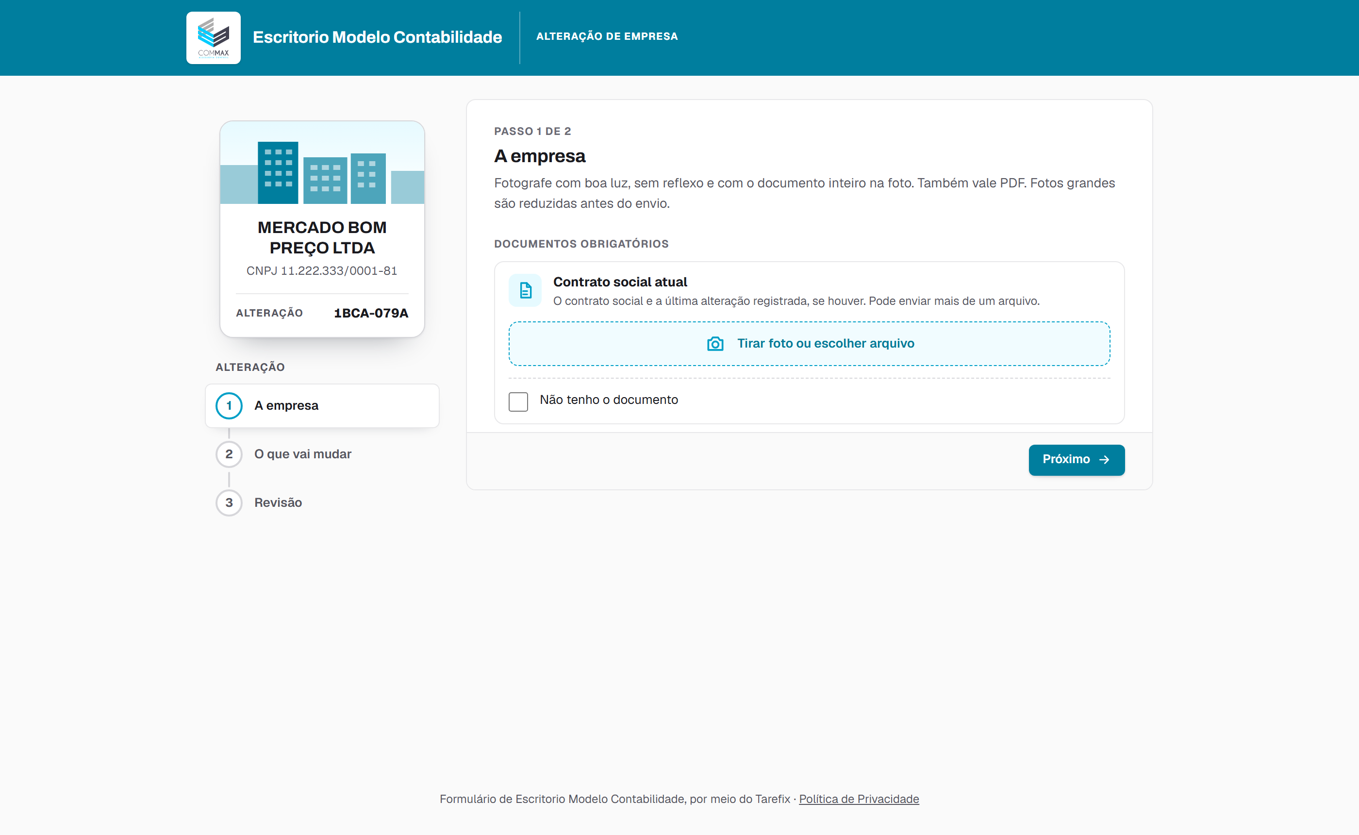 Empresa que não é cliente: o contrato social atual.
