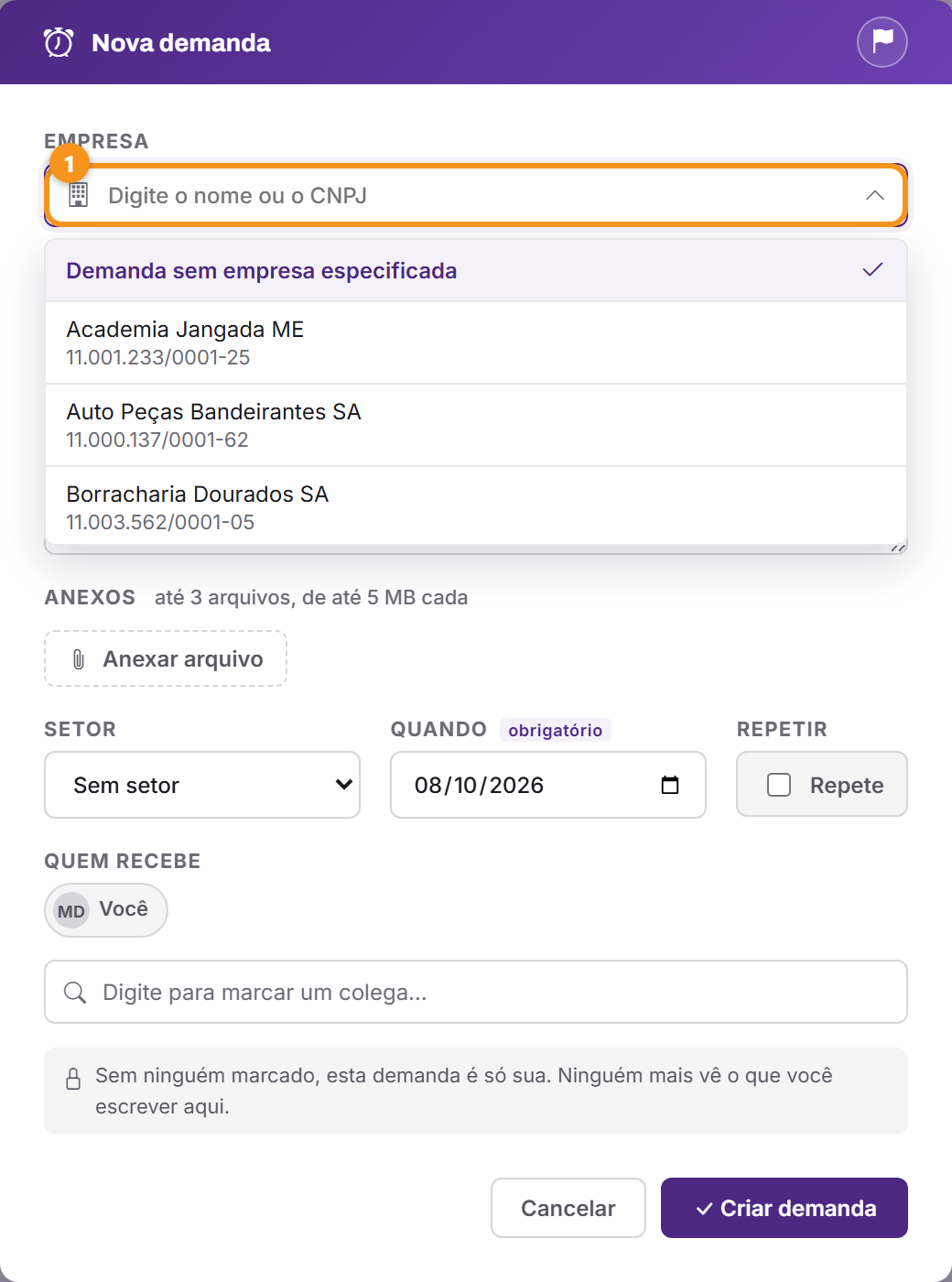 O campo Empresa, com a busca por nome ou CNPJ.