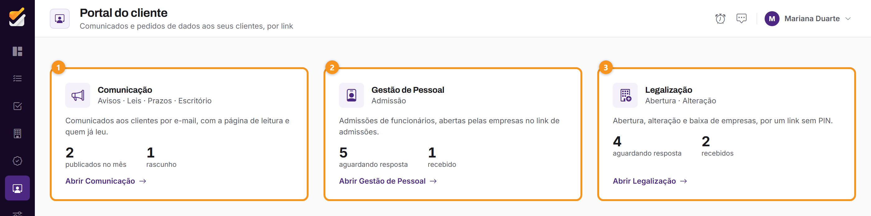 A página inicial do Portal do cliente, com o cartão Comunicação.