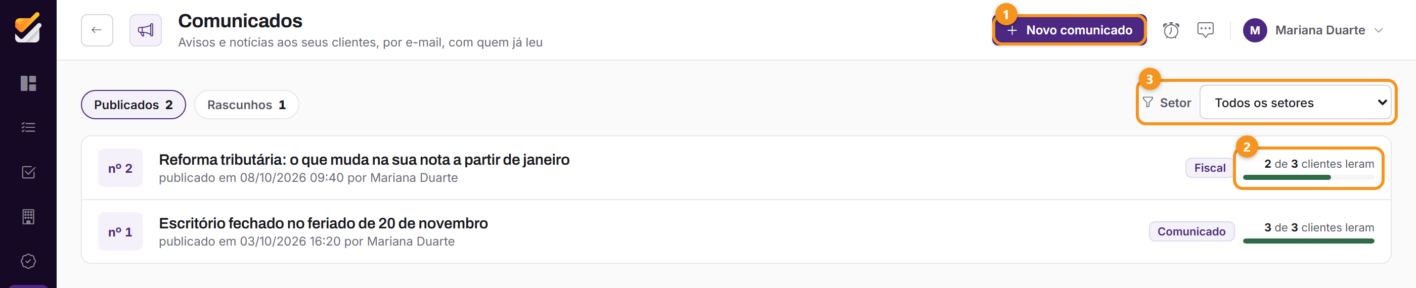 A lista de comunicados, com quantos clientes já leram e o filtro por setor.