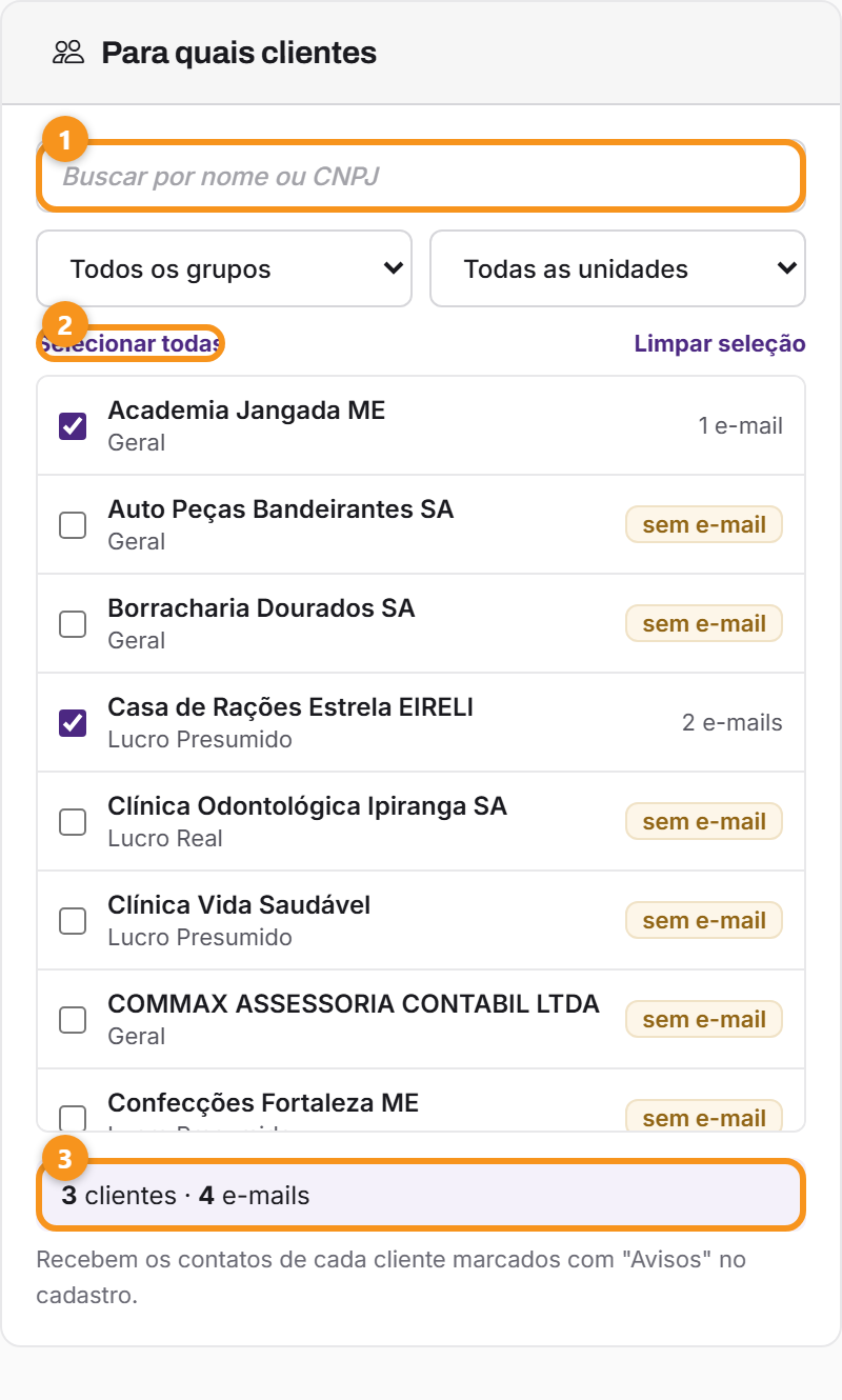 A escolha dos clientes, com a busca, os filtros e a contagem de e-mails.