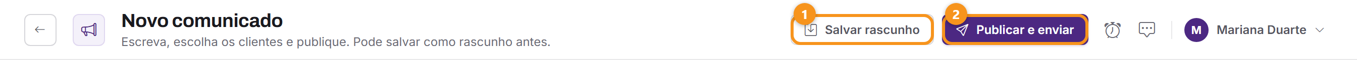 Salvar rascunho e Publicar e enviar, no topo da tela.