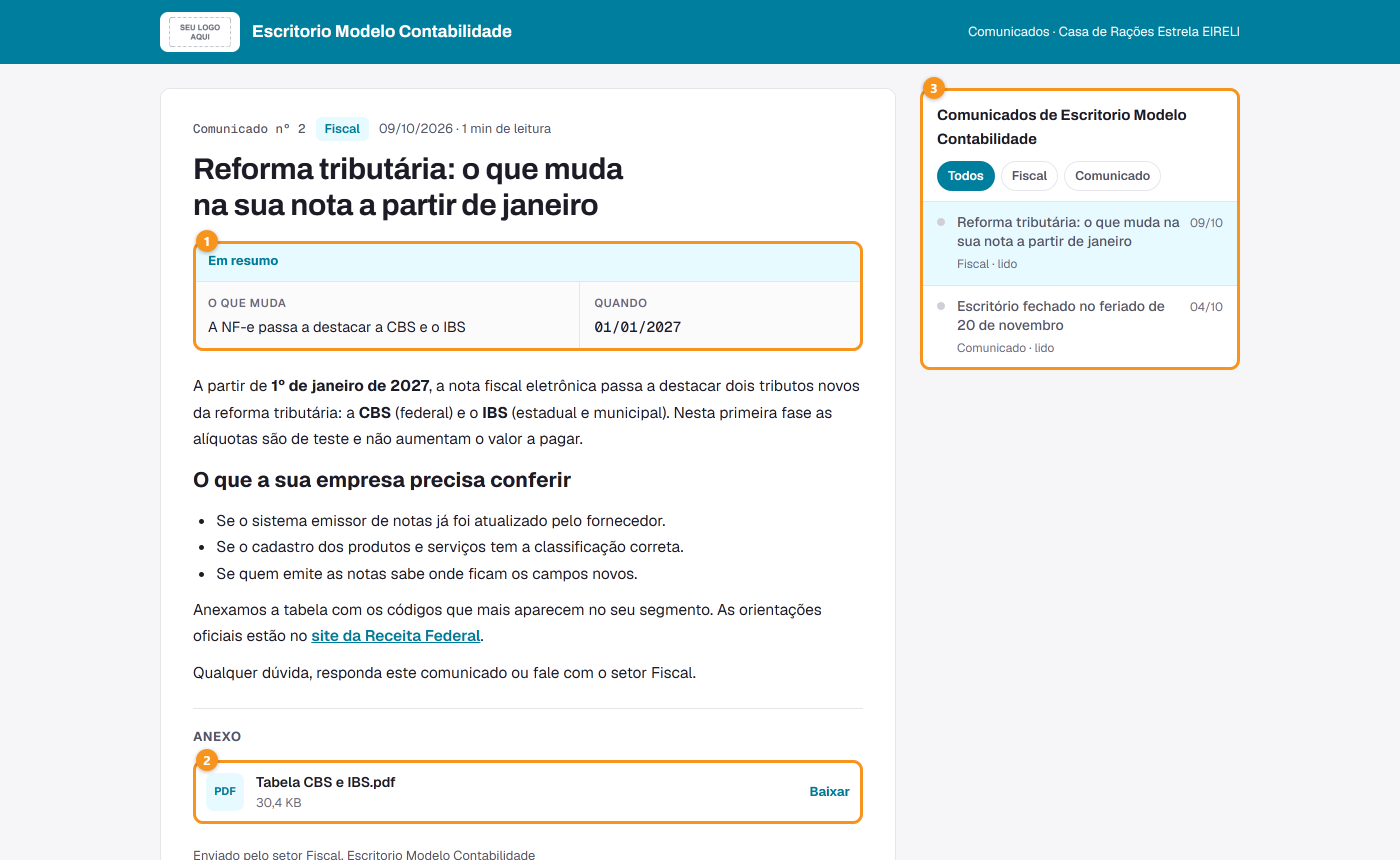 A página do comunicado, com o resumo, o anexo e os outros comunicados.
