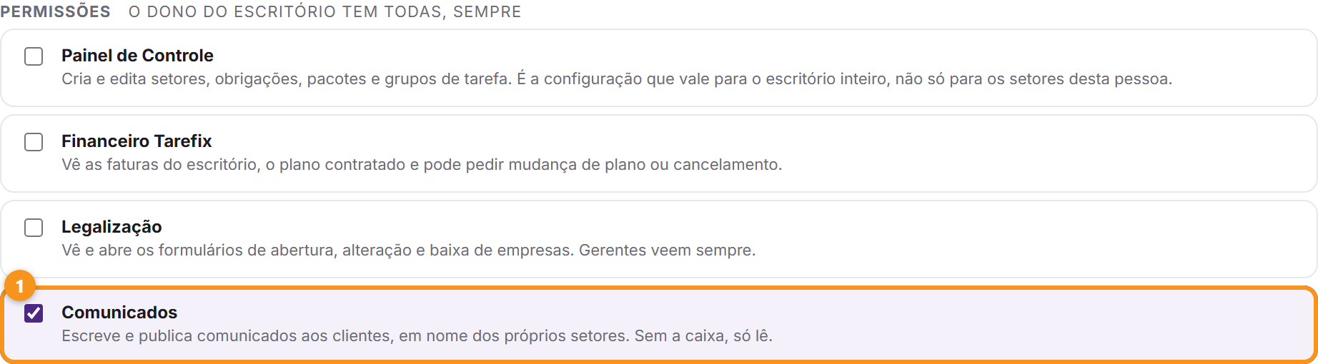 A caixa Comunicados nas permissões do usuário.
