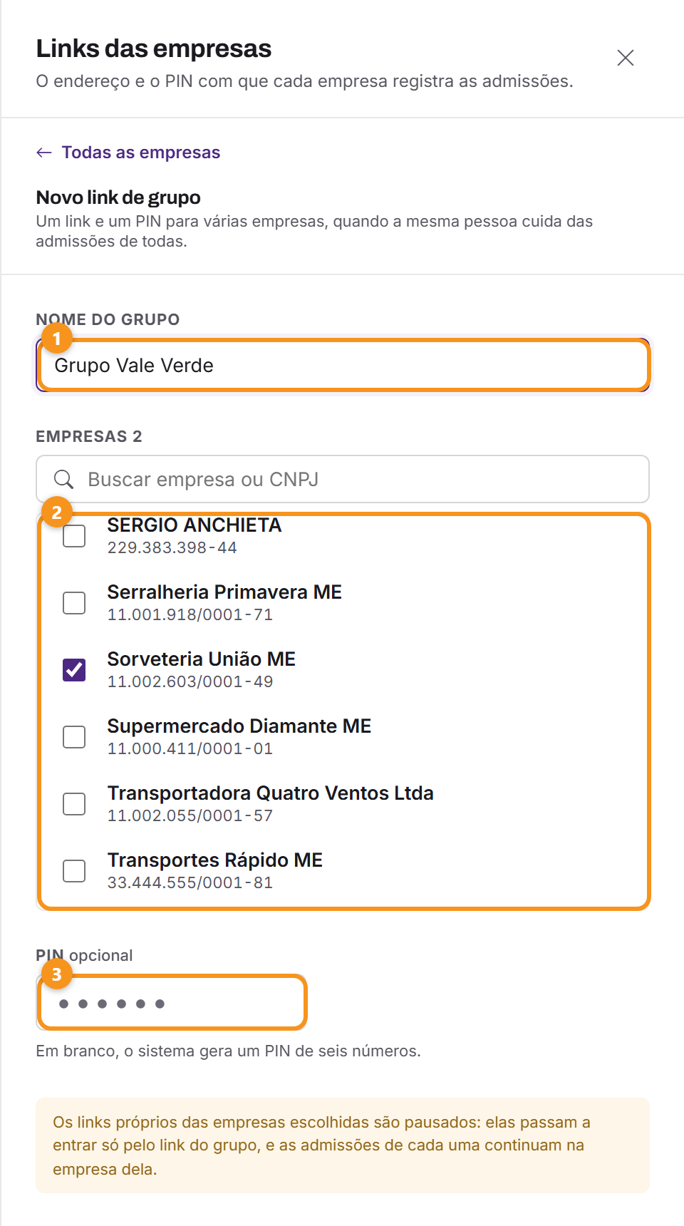 Novo grupo: o nome, as empresas e o PIN.