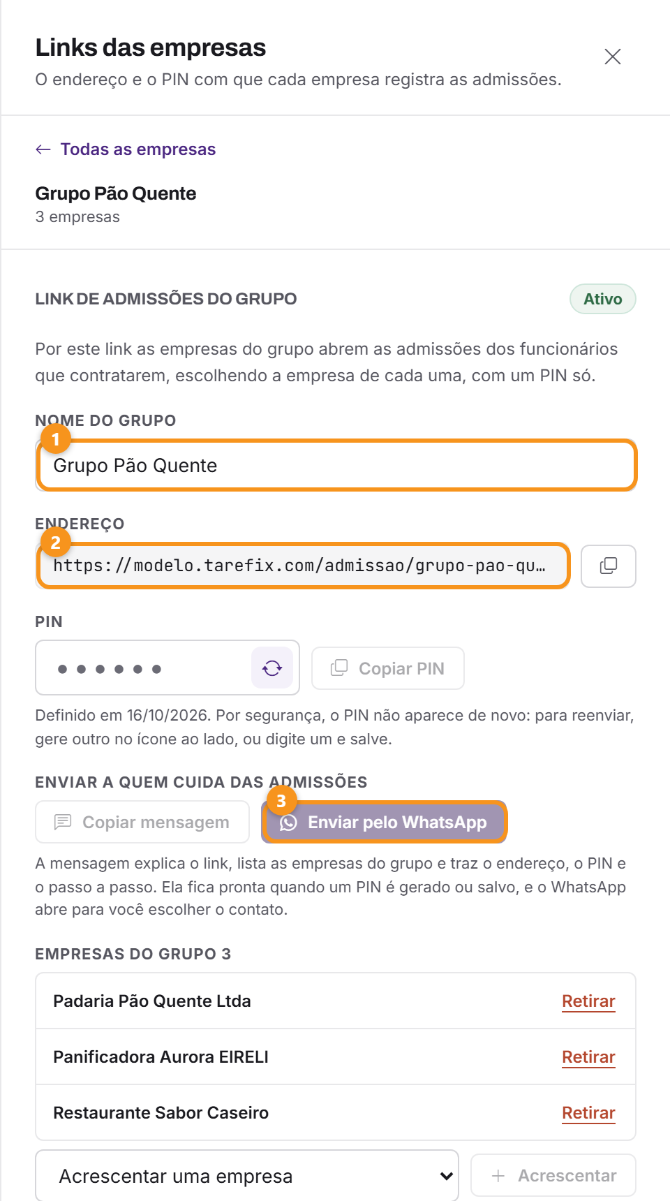 O cartão do grupo, com o endereço, o PIN e o envio.