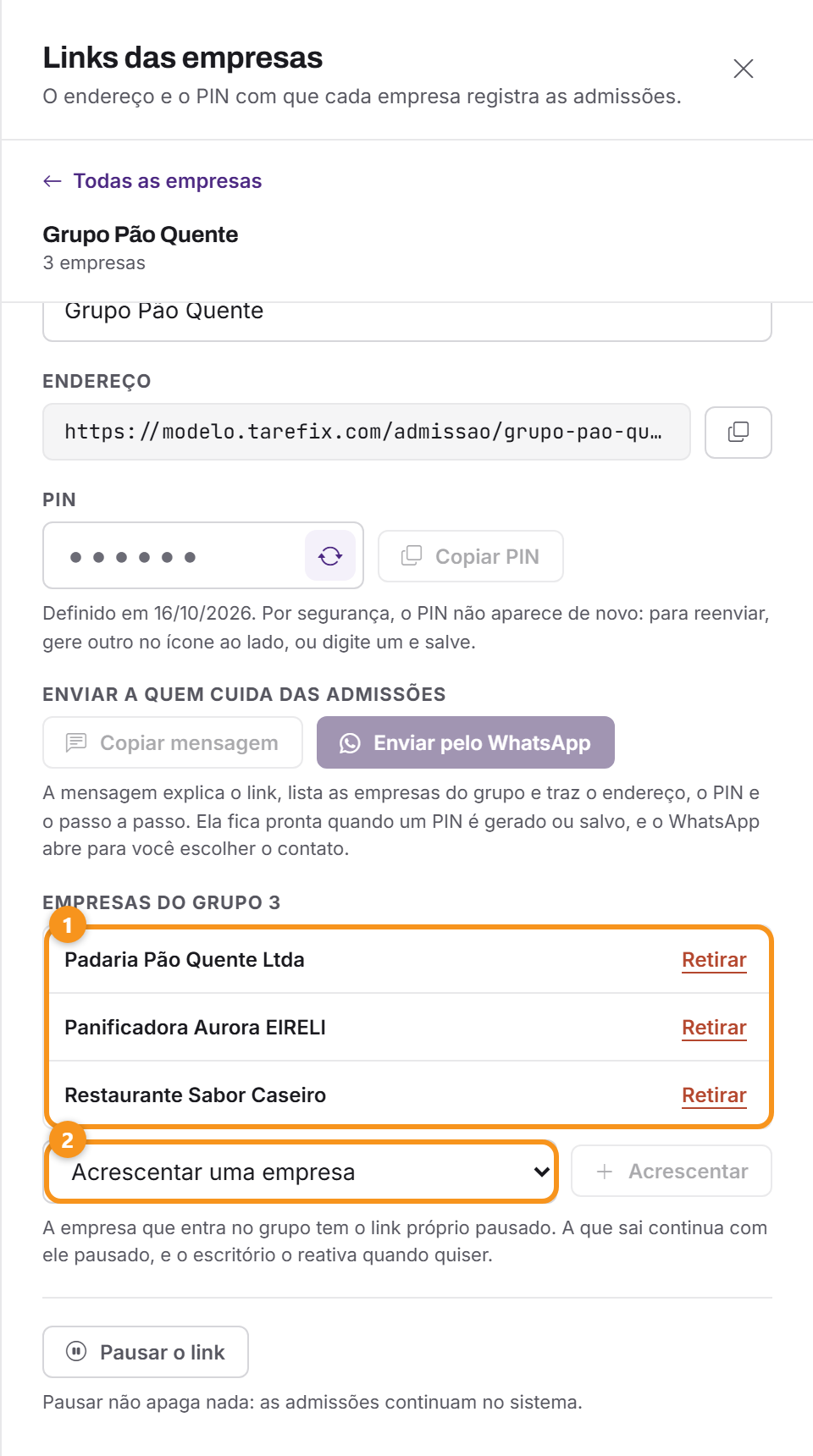 As empresas do grupo, com acrescentar e retirar.
