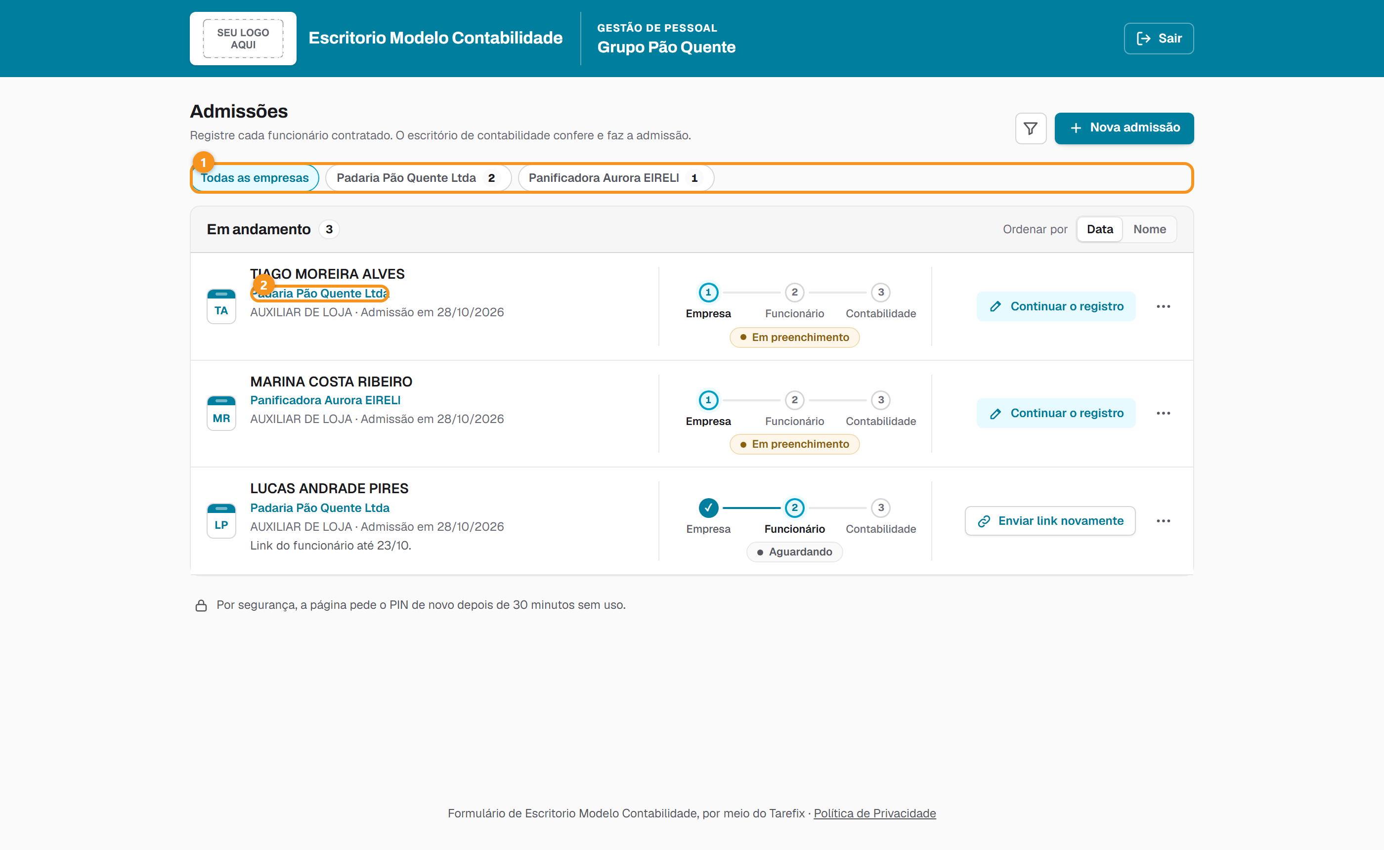 Pelo link do grupo, a empresa de cada admissão e o filtro por empresa.