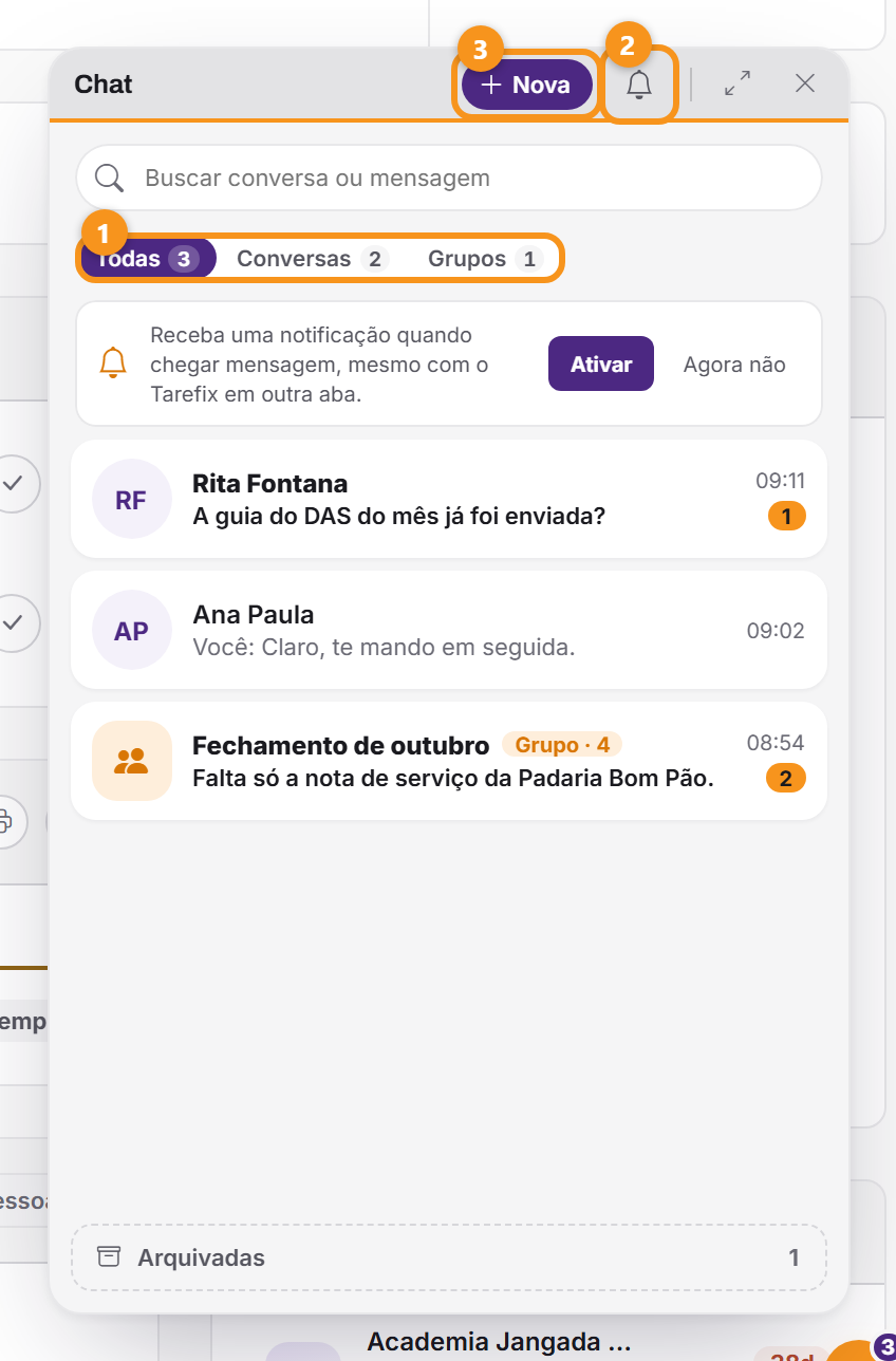 A lista de conversas, com os filtros, o sino dos avisos e a conversa nova.