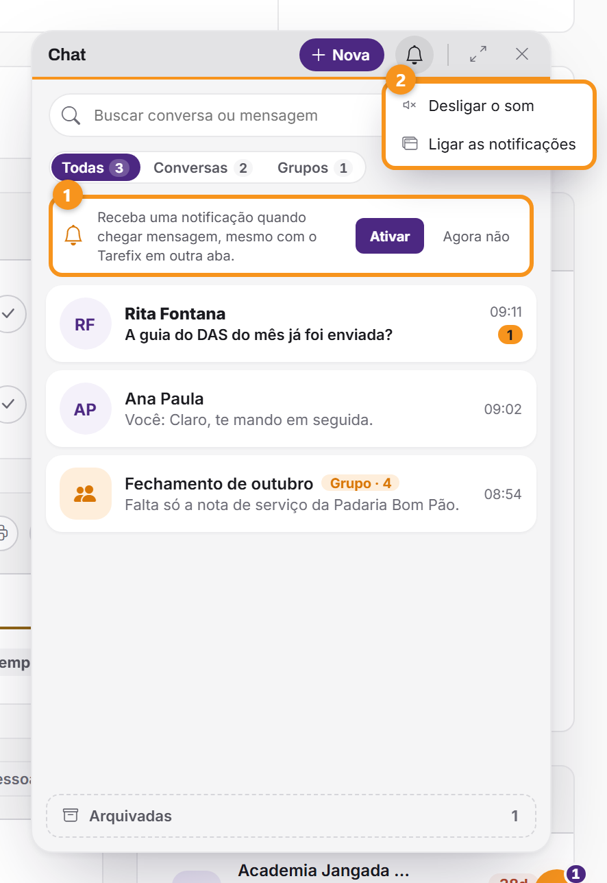 O convite para as notificações e o menu do sino.