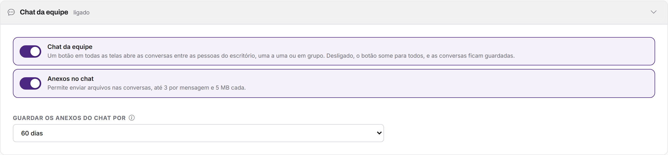 O Chat da equipe em Painel de Controle, Preferências.