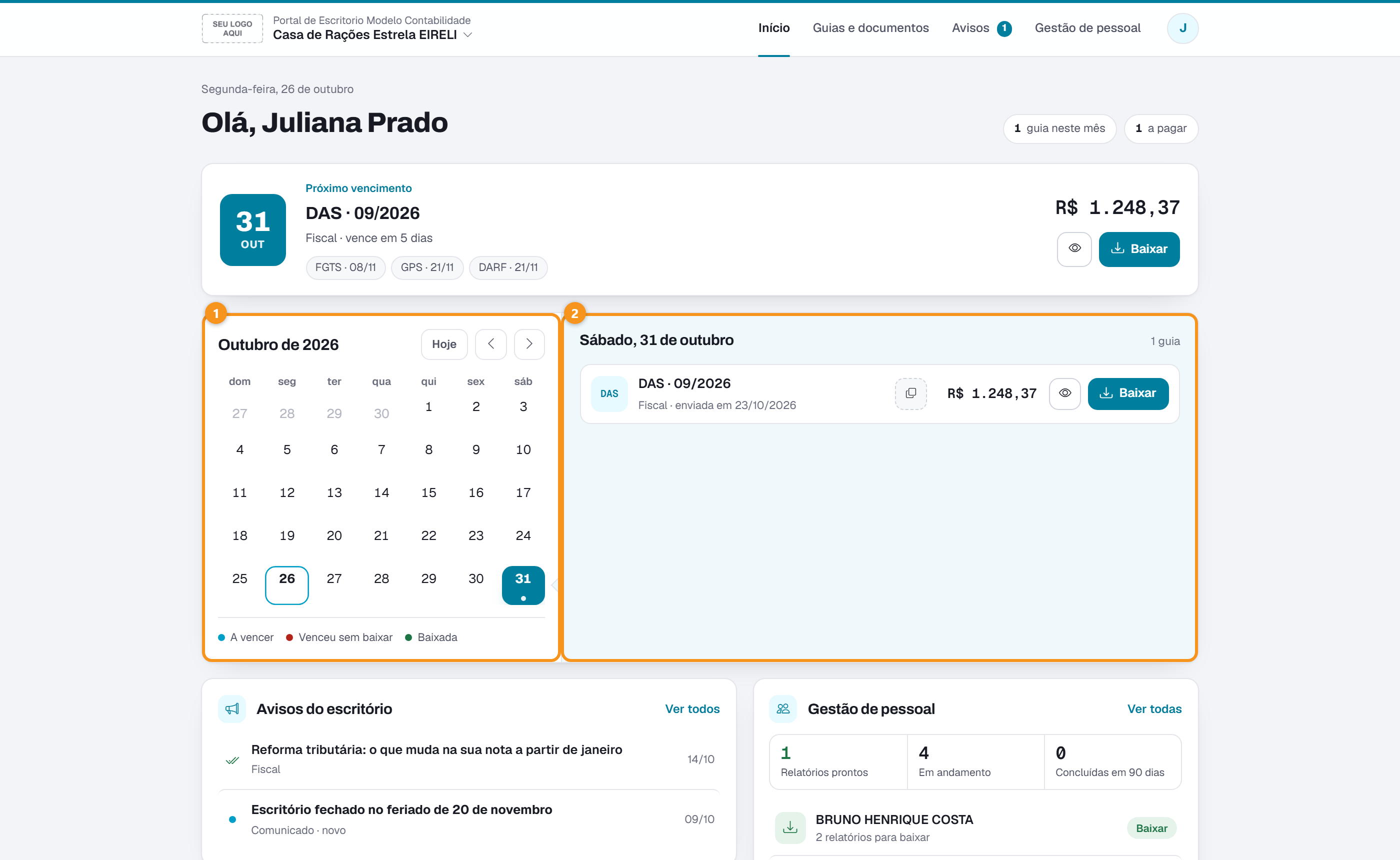 O início do portal: o próximo vencimento, o calendário e as guias do dia escolhido.