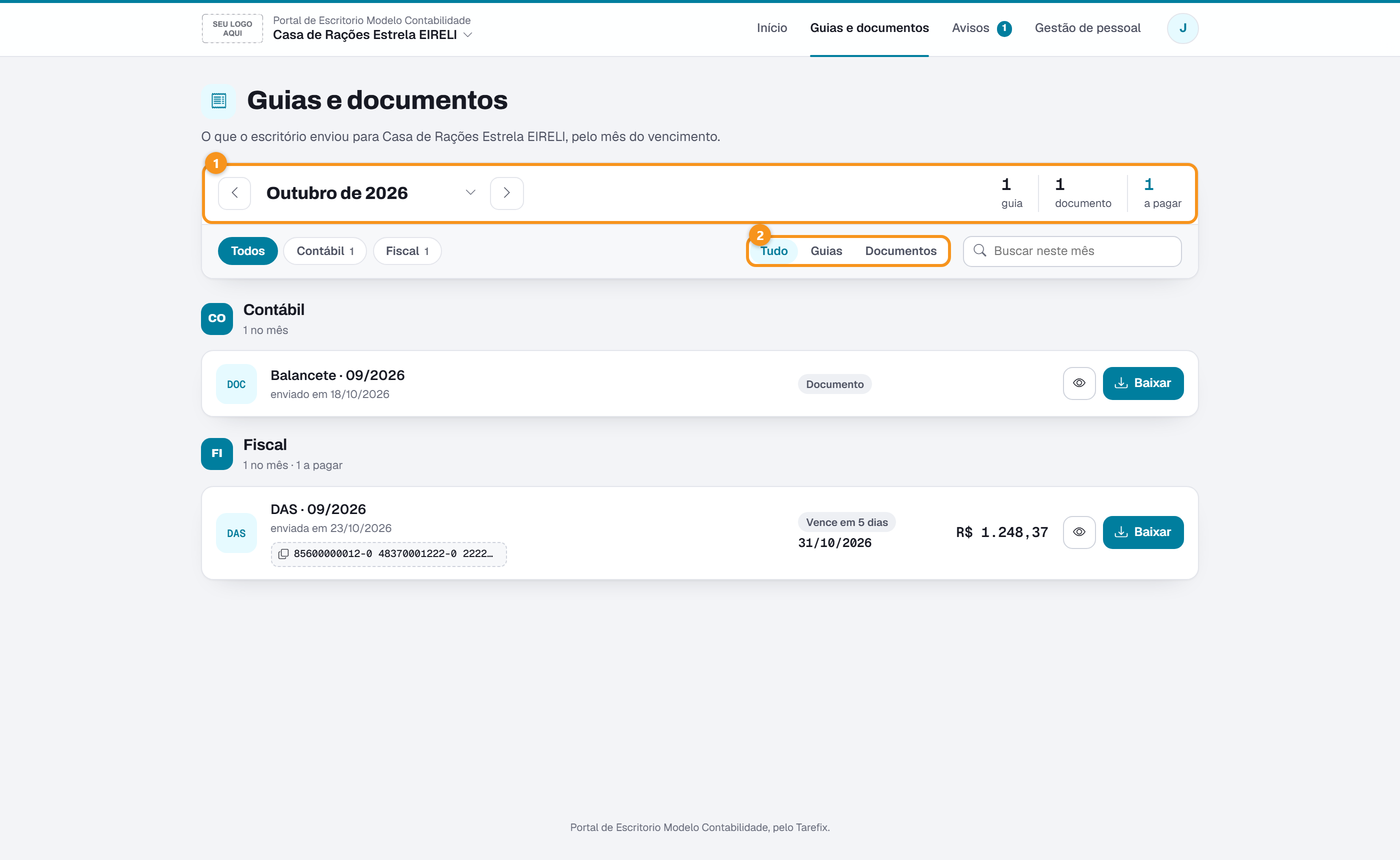 Guias e documentos: um mês por vez, com os filtros de setor e de tipo.