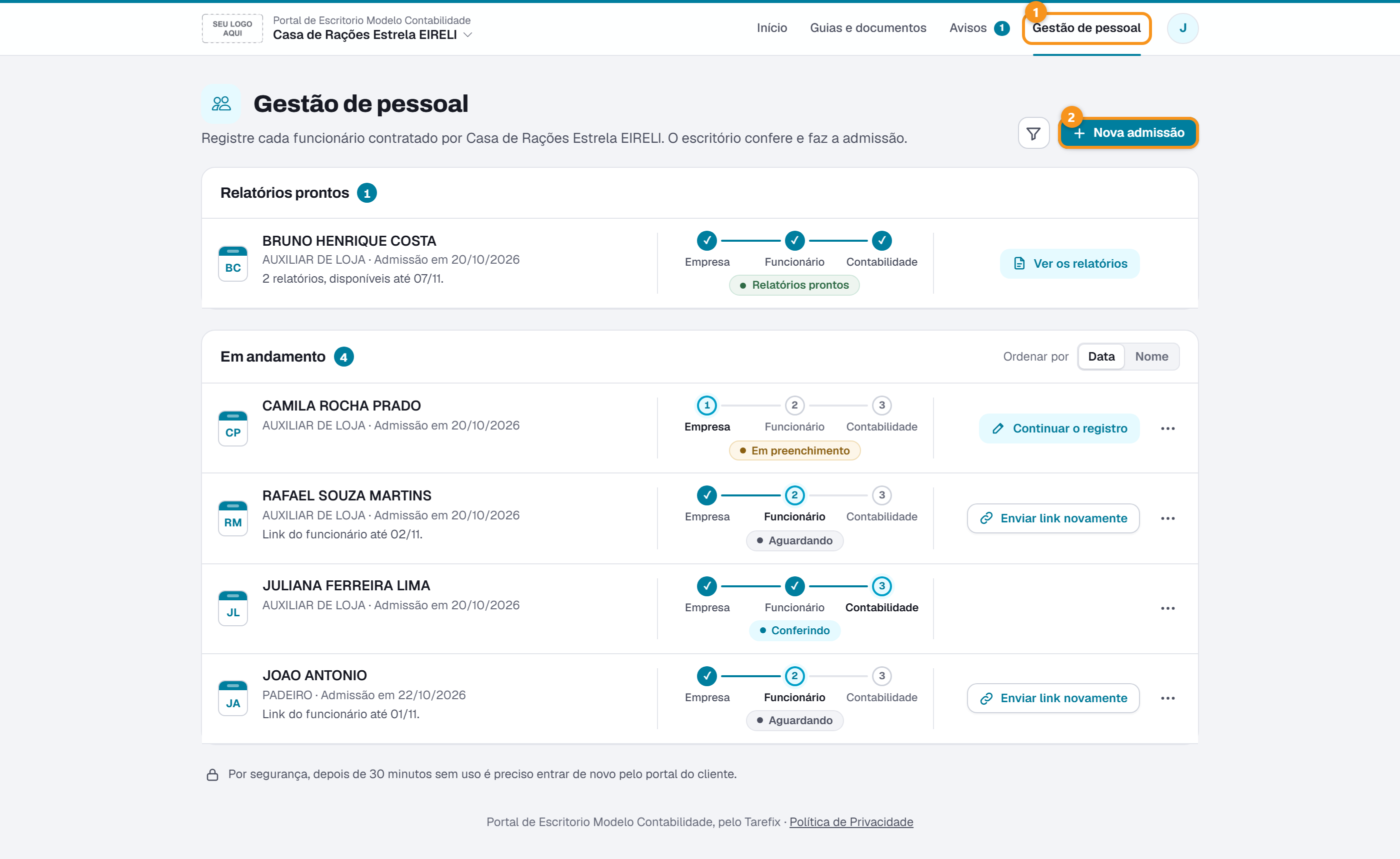 Gestão de pessoal: as admissões da empresa e a Nova admissão.