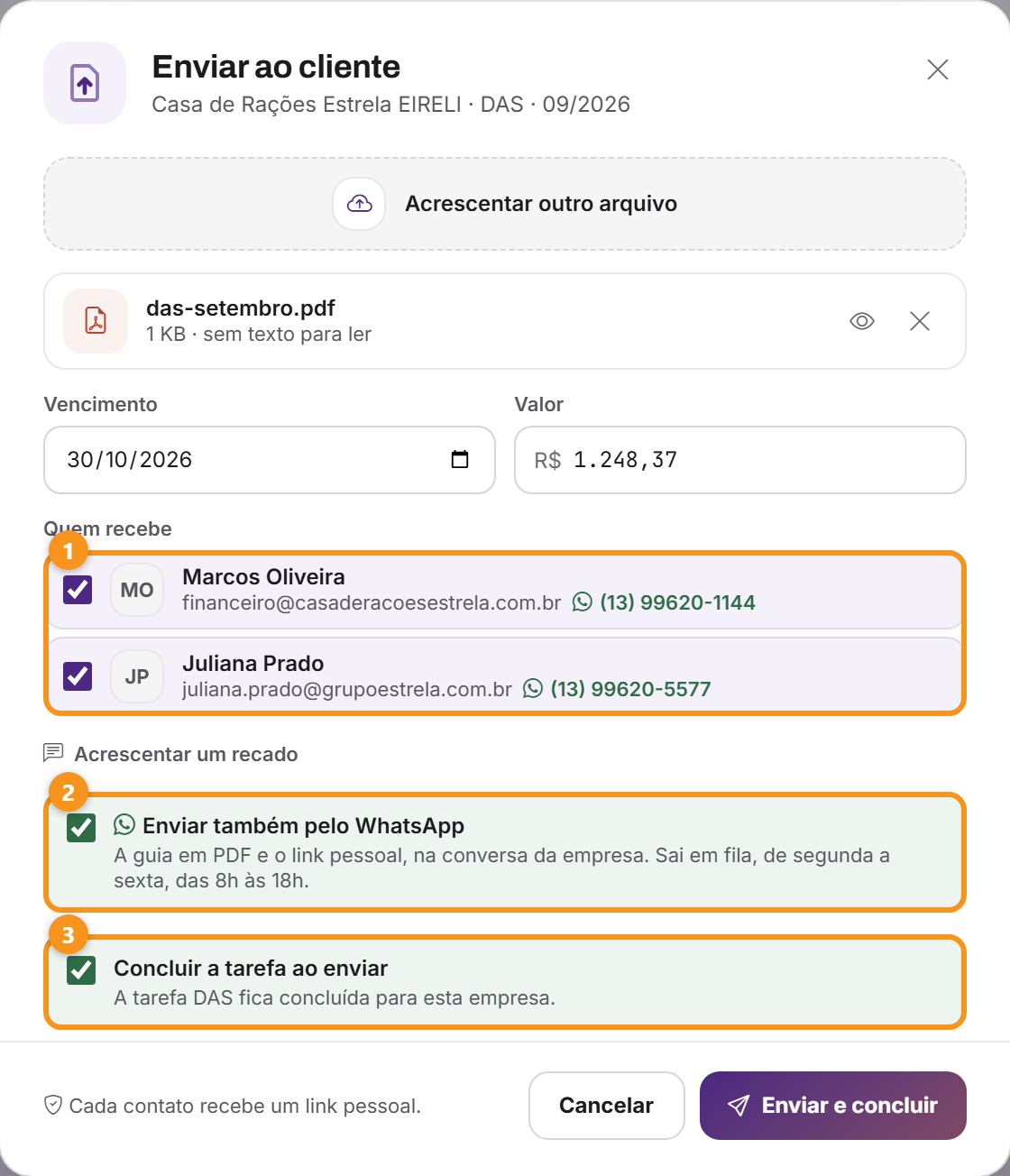 A janela Enviar ao cliente, aberta pela tarefa.