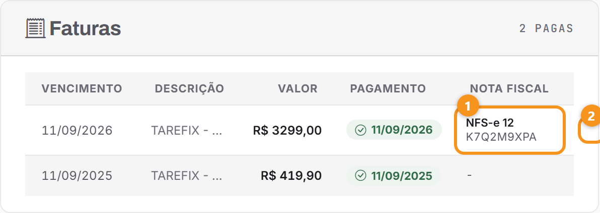Em Conta, Assinatura: a coluna Nota fiscal e os botões de PDF e XML.
