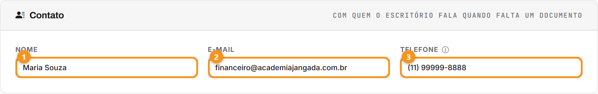 O contato na ficha da empresa: é para ele que a cobrança vai.