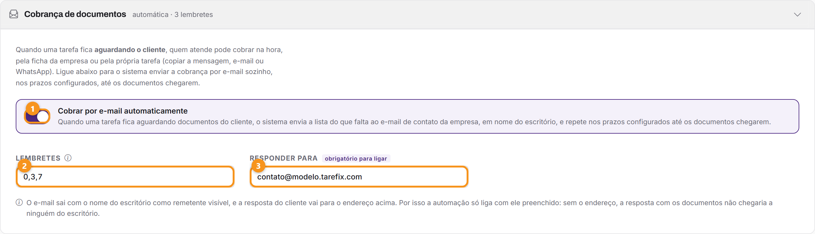 Preferências: a cobrança automática por e-mail, a régua de lembretes e o Responder para.