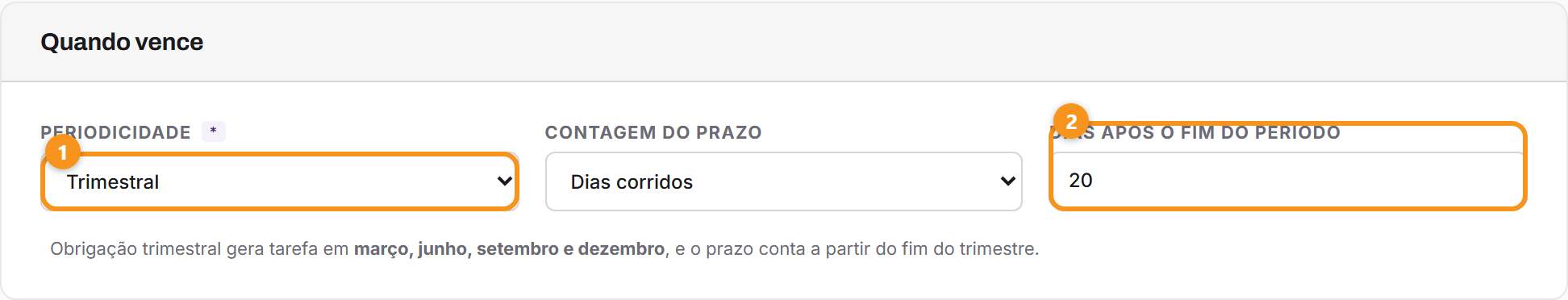 A periodicidade Trimestral e o prazo contado do fim do trimestre.