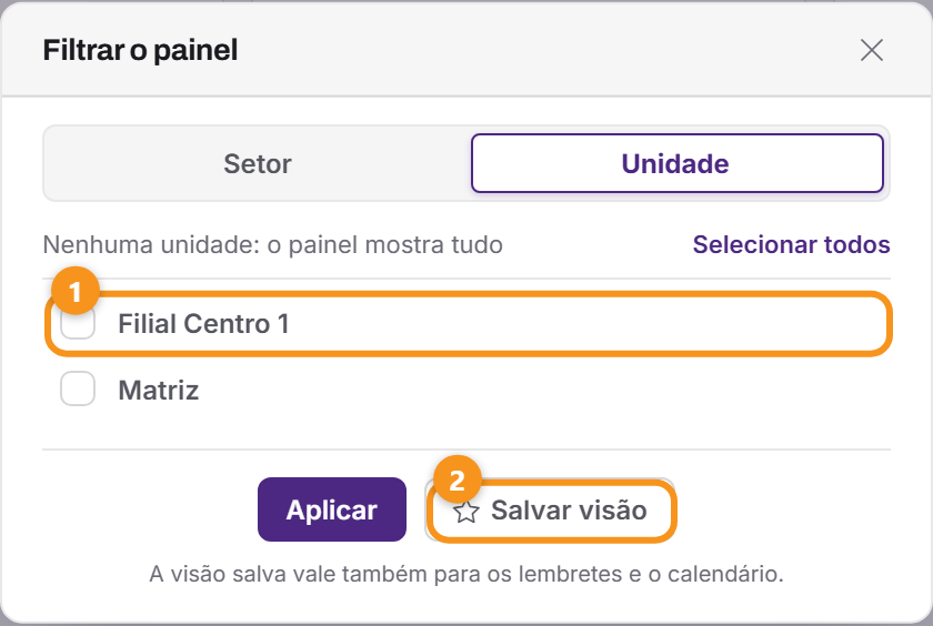 A aba Unidade do funil: marcar, aplicar e salvar a visão.
