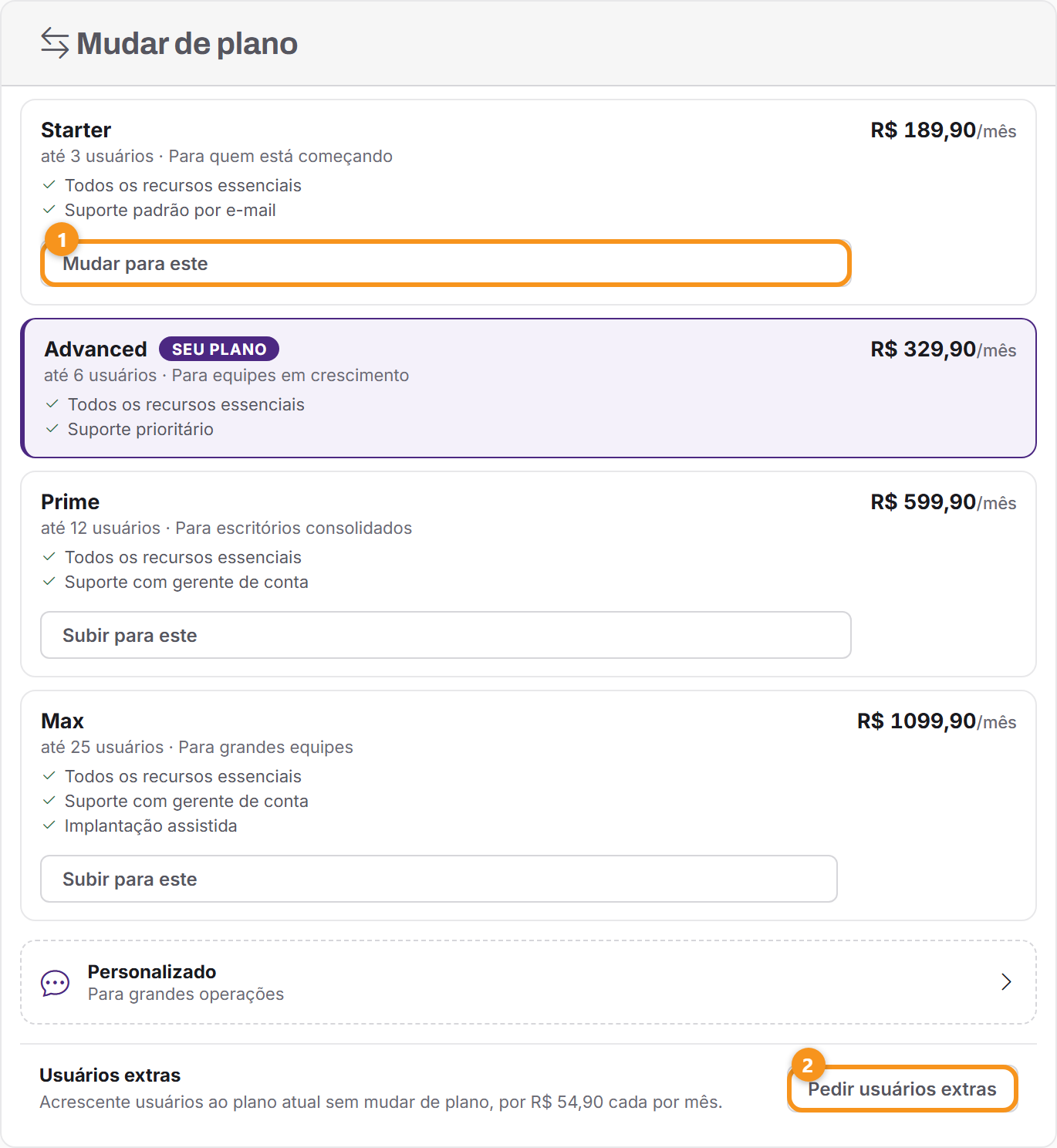 O bloco Mudar de plano: o botão de cada plano e o Pedir usuários extras.