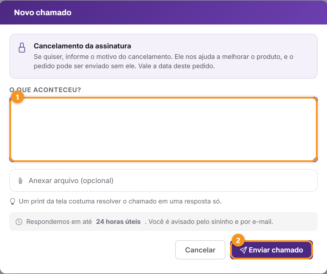 A Central de Ajuda com o pedido de cancelamento já identificado.