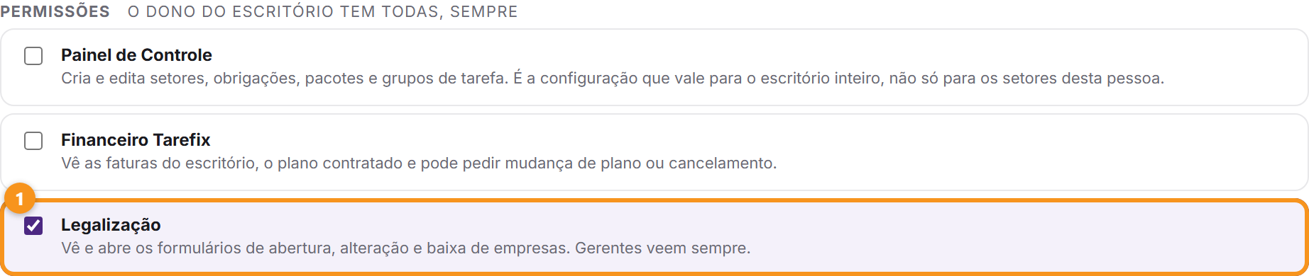A caixa Legalização no cadastro do usuário.