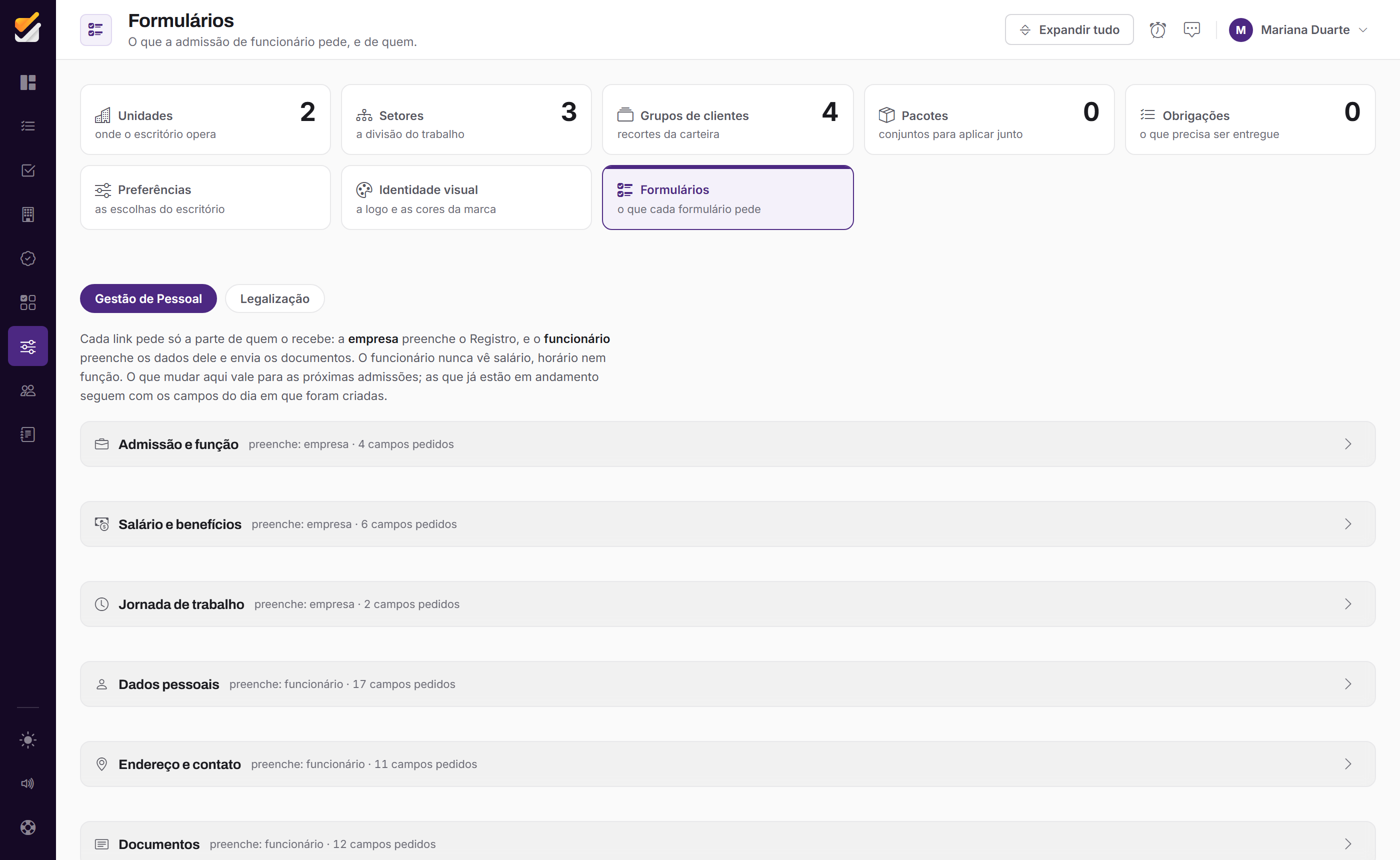 Painel de Controle, Formulários: uma aba por área e um bloco por etapa.