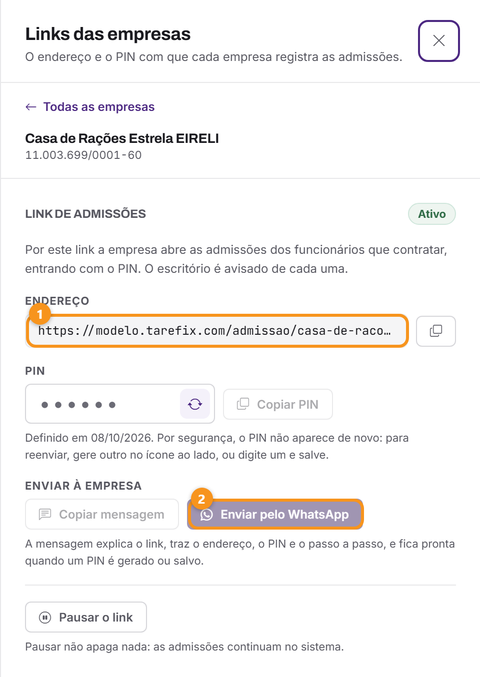 O cartão da empresa na gaveta Links das empresas.