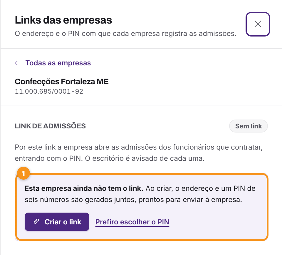 Empresa ainda sem link: o botão Criar o link.