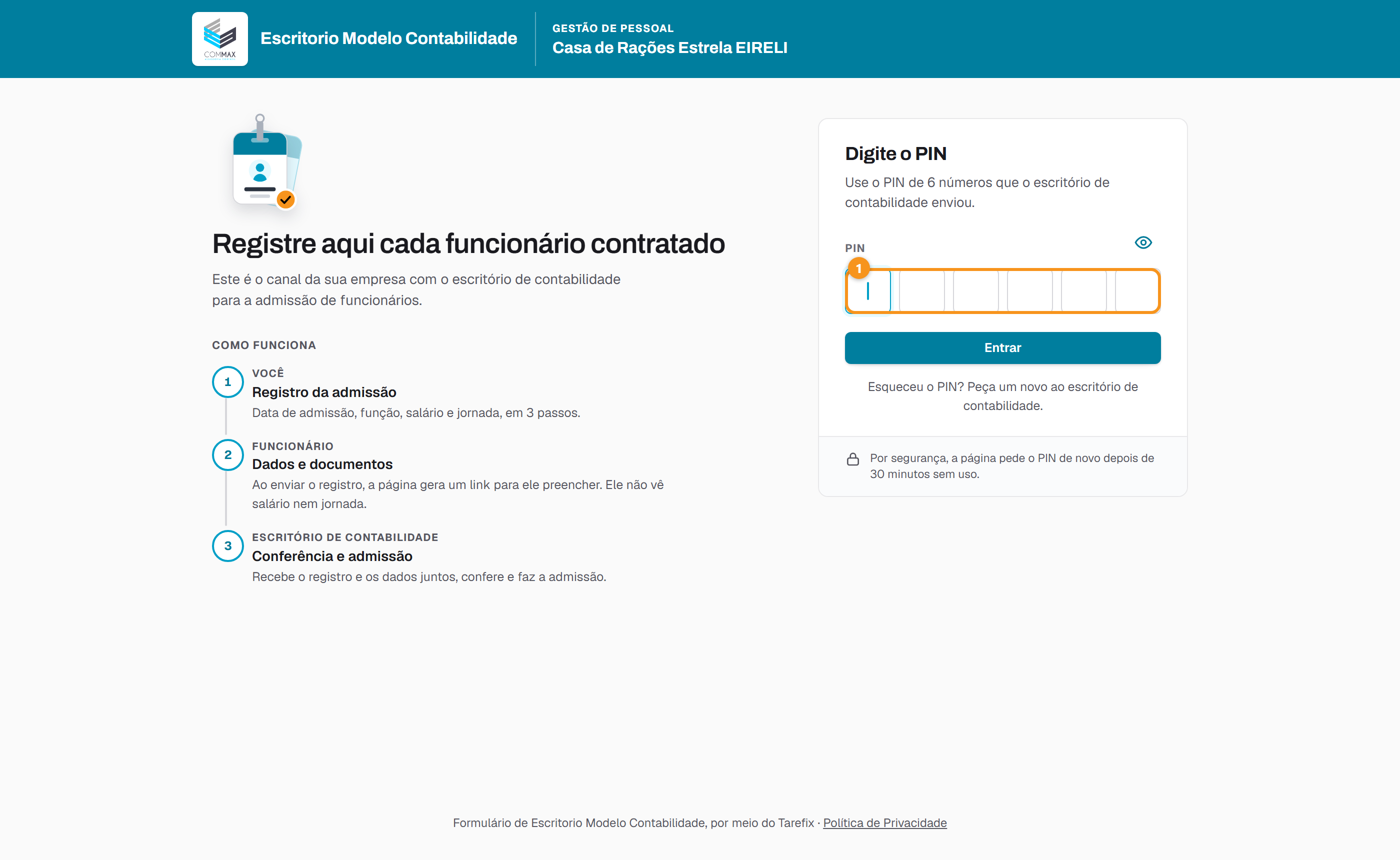 A entrada do link de admissões, com o PIN.