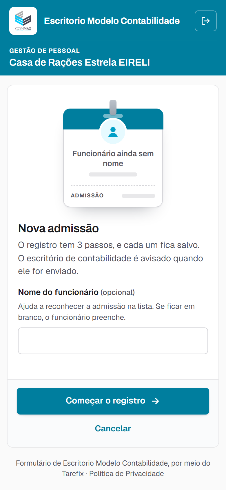Nova admissão, no celular.