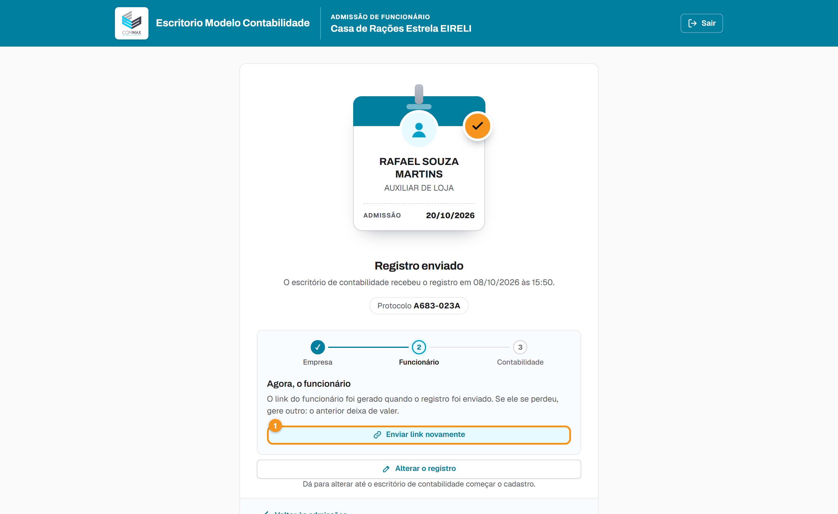 Registro enviado: o passo do funcionário e o Enviar link novamente.
