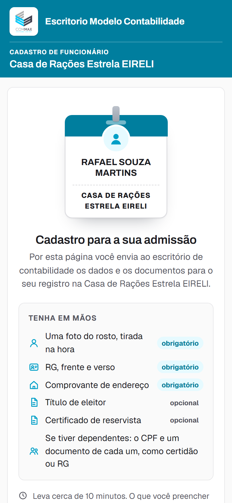A página que o funcionário abre pelo link.