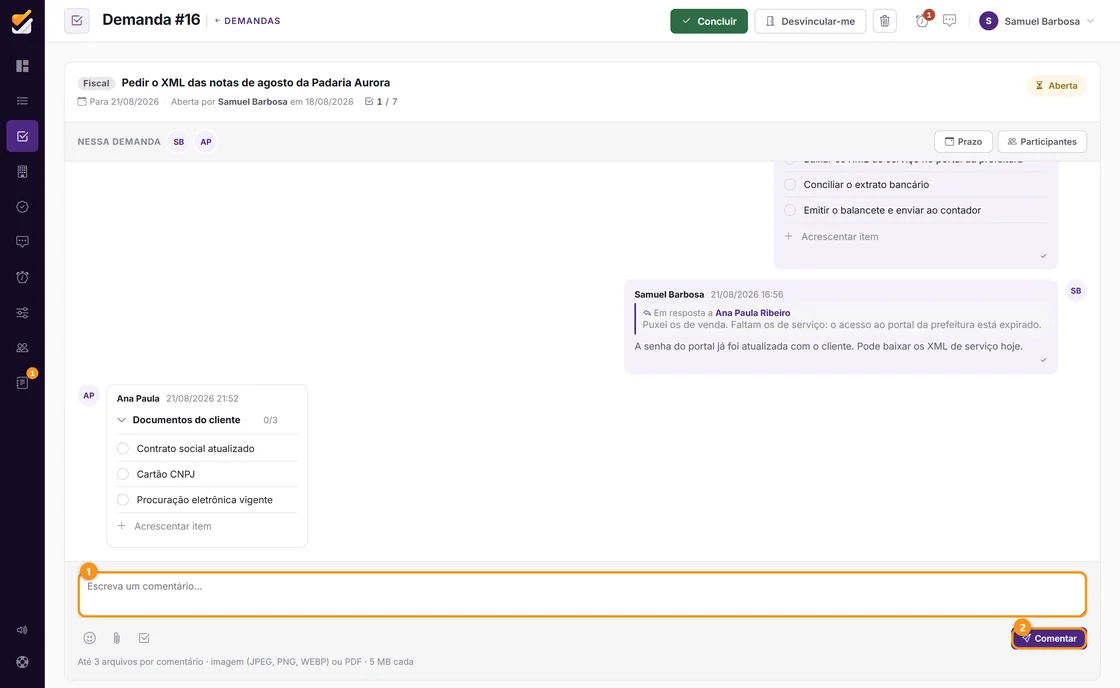 A conversa de uma demanda, com lista de tarefas e marca de leitura